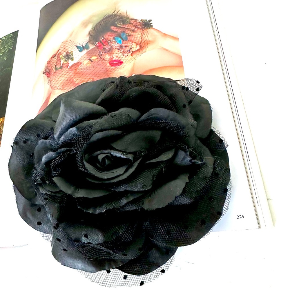 Black Silk Flower with Polkadot Netting Brooch & Hair Accessory